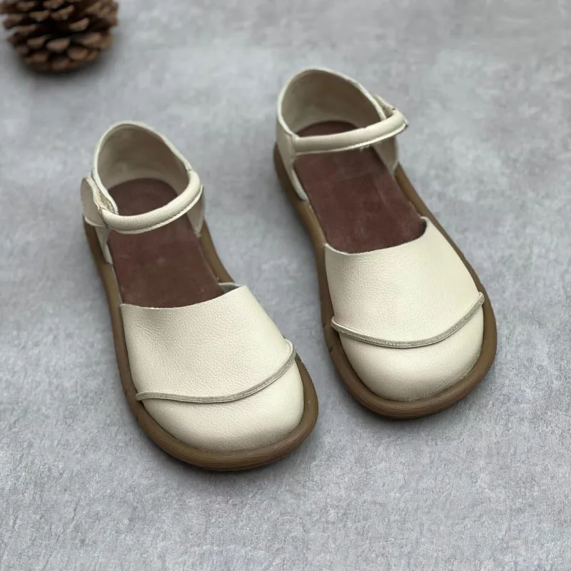 

XMWRLW 2025 Women's Summer Sandals Genuine Leather Ladies Flat Sandal Retro Shoes Non Slip Women Summer Sandals Flat Shoes