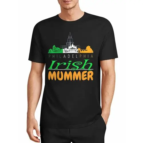 The Landmark Silhouettes Capture the Philadelphia Cityscape, and the Color Scheme Pays Homage to the Local Irish Culture, with a Line of Text Describing the City's Unique Parade Traditions and Human Warmth. a Loose-Fitting Short-Sleeved Top with a Black Background