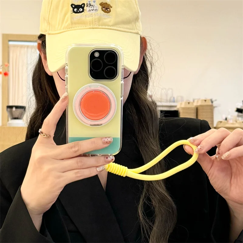 Cute Collision Color Magnetic Phone Case For iPhone 17 Pro 15 14 16 Pro Max Cover with Magsafe Stand Hand Rope Shockproof Funda