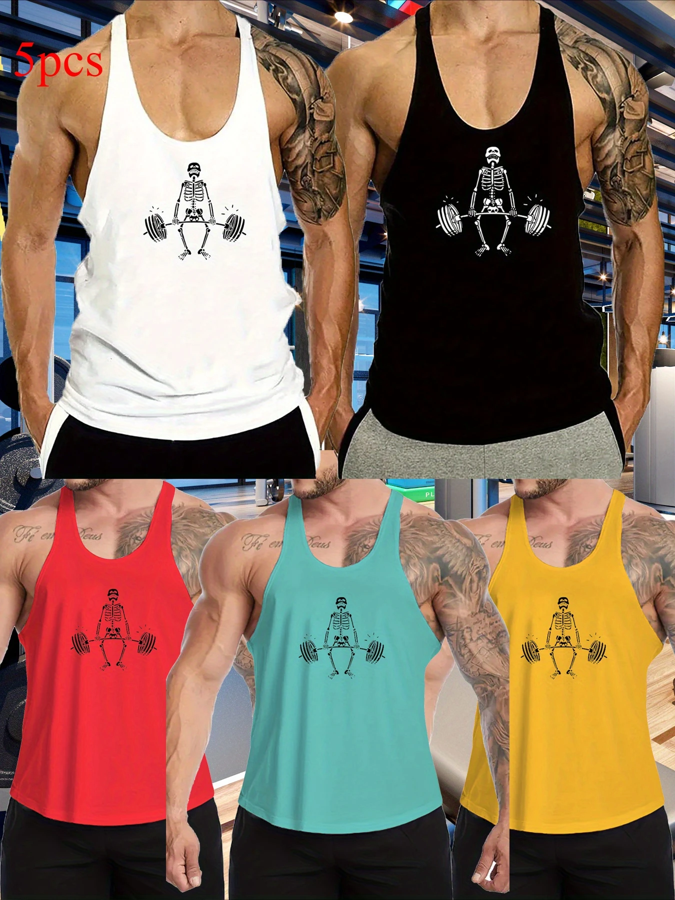 Mens Fitness Skeleton Lifting Tank Top Breathable Weightlifting Graphic Sleeveless Vest Loose Gym Training Muscle Tank For Men