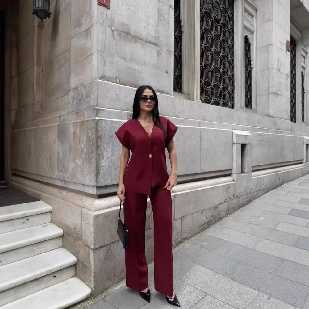 

Women's Fashion Slim-Fit Top Pants Set Deep V Neck Blazer And Wide Leg Pants Set Formal Business Two Piece Outfit Elegant 6VC6