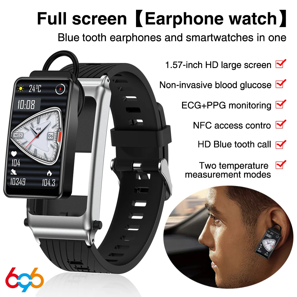 

2 In 1 Blue Tooth Headset Smart Watch Men Body Temperature PPG ECG Watches Sports Fitness NFC Earphone Health Smartwatch BT Call