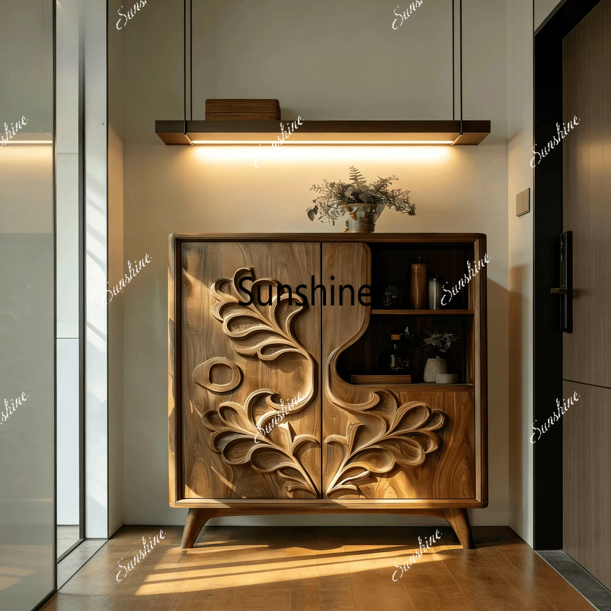 

New Chinese solid wood carving flower dining side cabinet living room locker high-end entrance cabinet