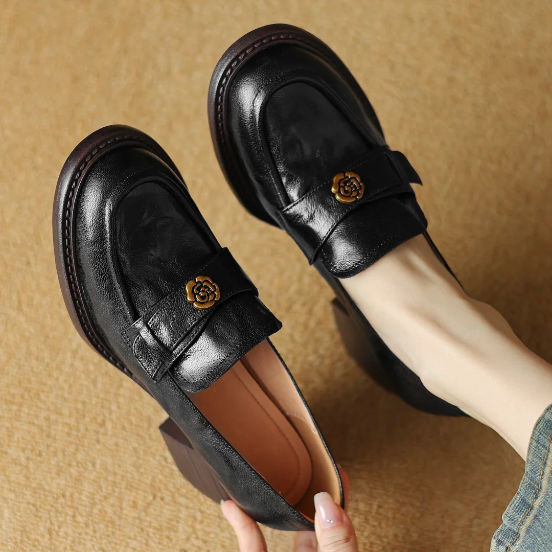 

Women's genuine leather 5.5cm chunky heel round toe slip-on loafers high quality soft comfortable moccasins British style shoes