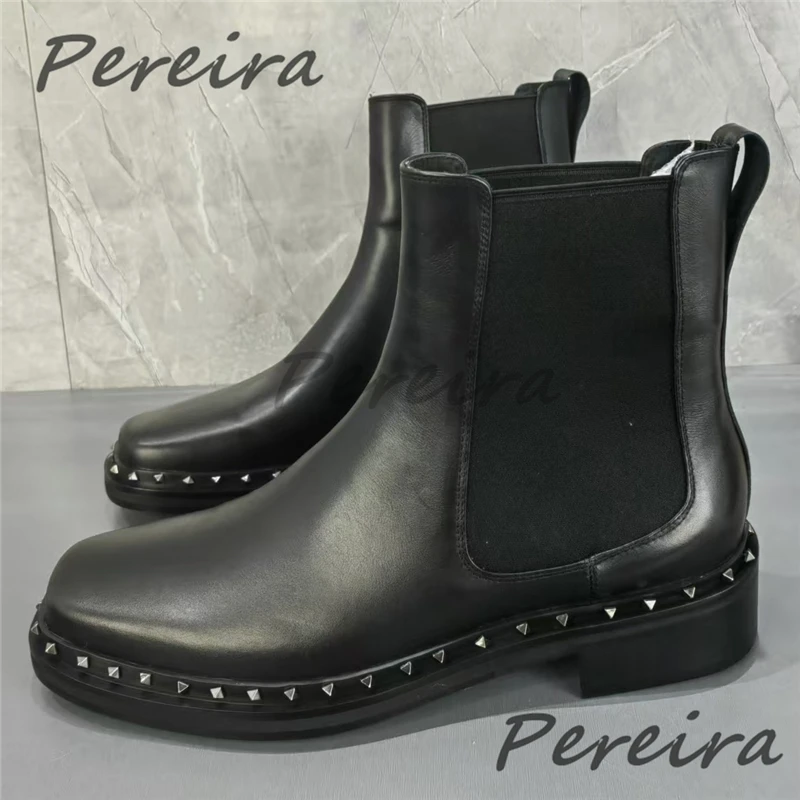 Rivet Design Thick Soled Short Boots Genuine Leather Square Toe Slip-on Chelsea Boots Autumn Winter Men's High Top Shoes