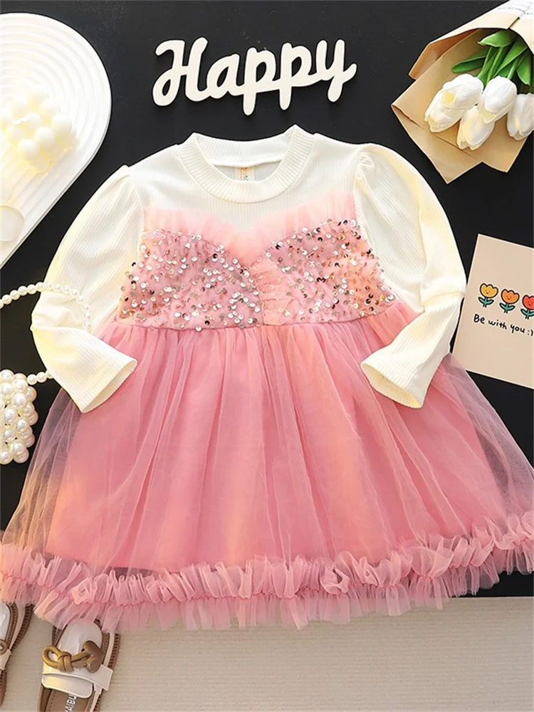 Kleider für Kinder Mädchen Baumwolle Langarm Pailletten Spitze Prinzessin Kinder Kleider Frühling Elegante Geburtstag Kleidung Show Kostüm – Detail 2