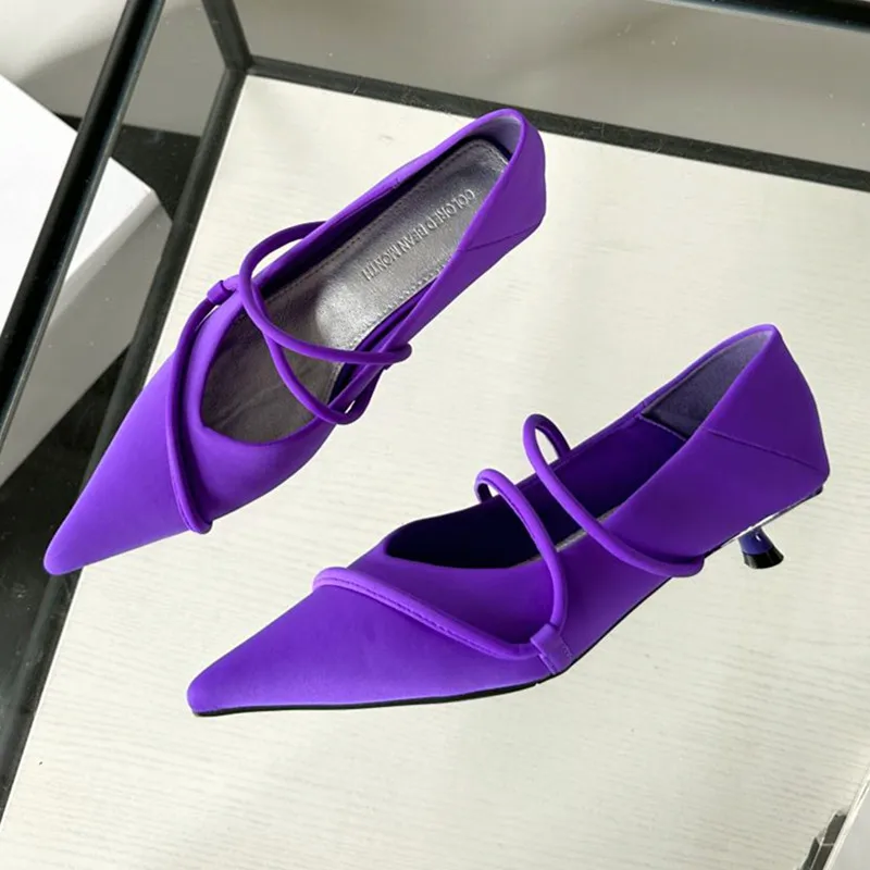 

Autumn Purple Pointed Toe Women Pumps Concise Cross Strap Thin Heel Mules Shoe Banquet Wedding Elegant Low Heeled Ladies' Shoes