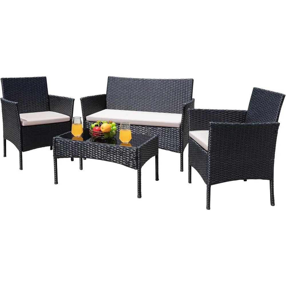 

Patio Furniture 4 Pieces Conversation Sets Outdoor Wicker Rattan Chairs Garden Backyard Balcony Porch Poolside loveseat with Cus