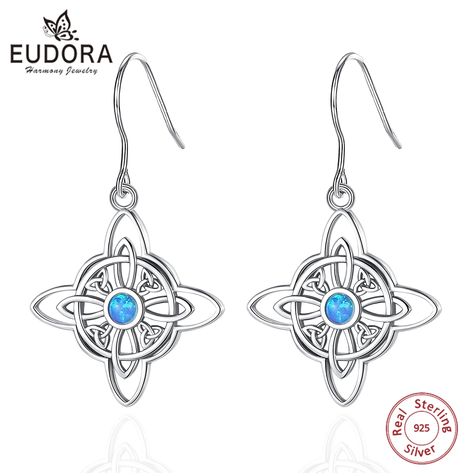 Eudora 925 Sterling Silver Witch Knot Drop Earrings for Women Girl Witchcraft Irish Celtic Knot Opal Earring Wicca Jewelry Gift