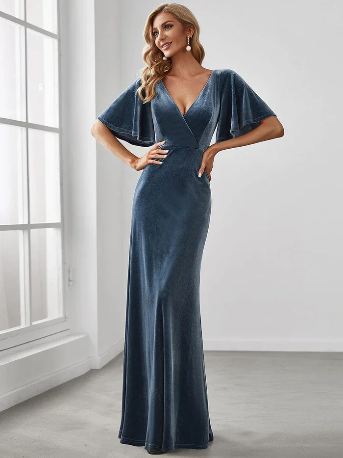 Vestidos Elegantes de terciopelo Para dama de honor, vestido Simple con cuello en V, vestido de fiesta de boda Para mujer, vestido de vaina hasta el suelo, Vestidos Para Bodas