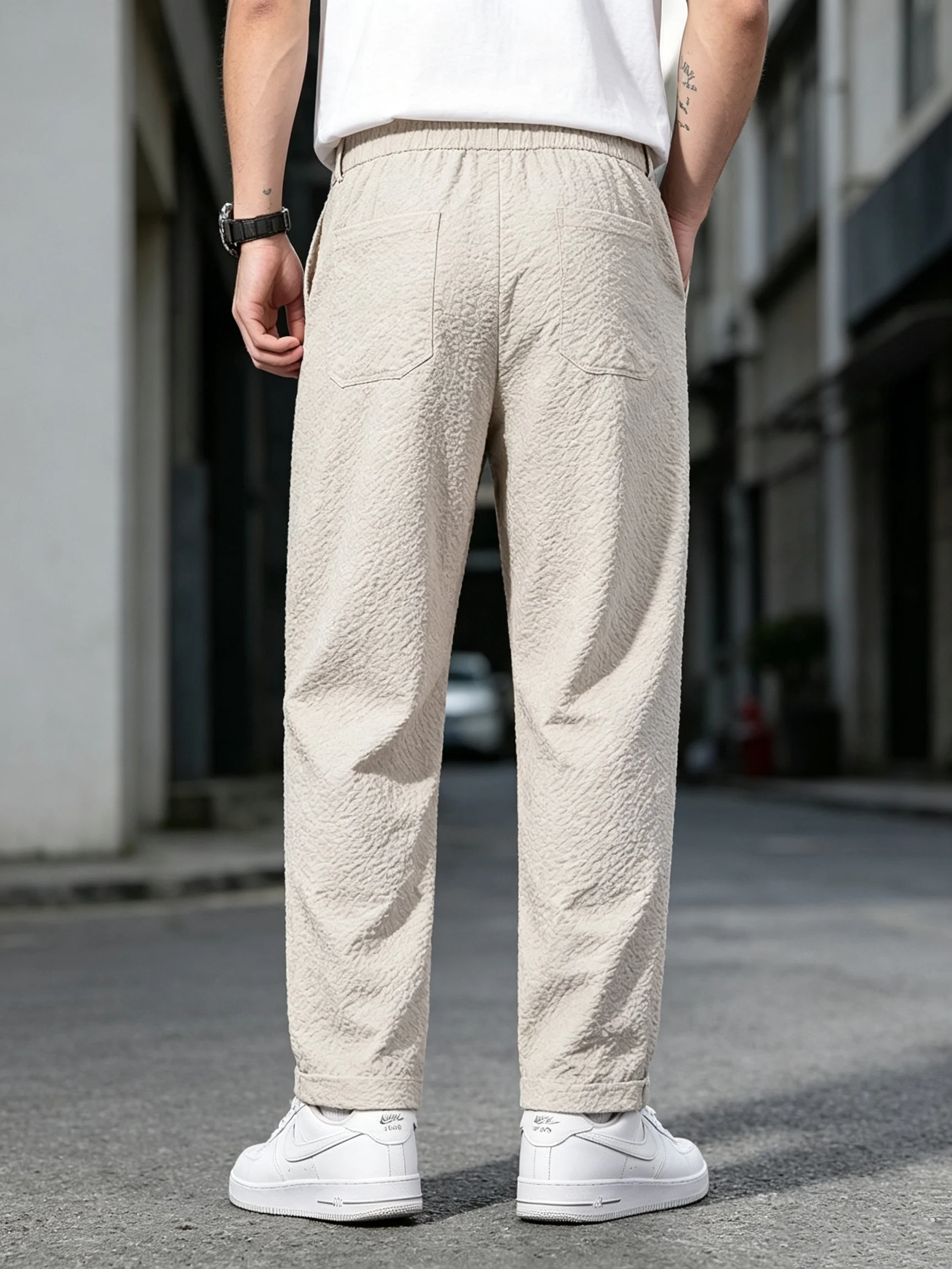 Men's Bubble Texture Drawstring Casual Pants Elastic Waist Cuffed Ankle‑Length Trousers Loose Lightweight Summer Streetwear Pant