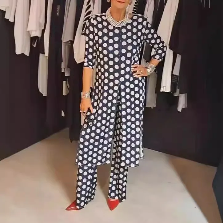 Autumn o neck polka dot print set for women fashion slit long top + wide leg pants 2-piece suit casual office ladies clothes