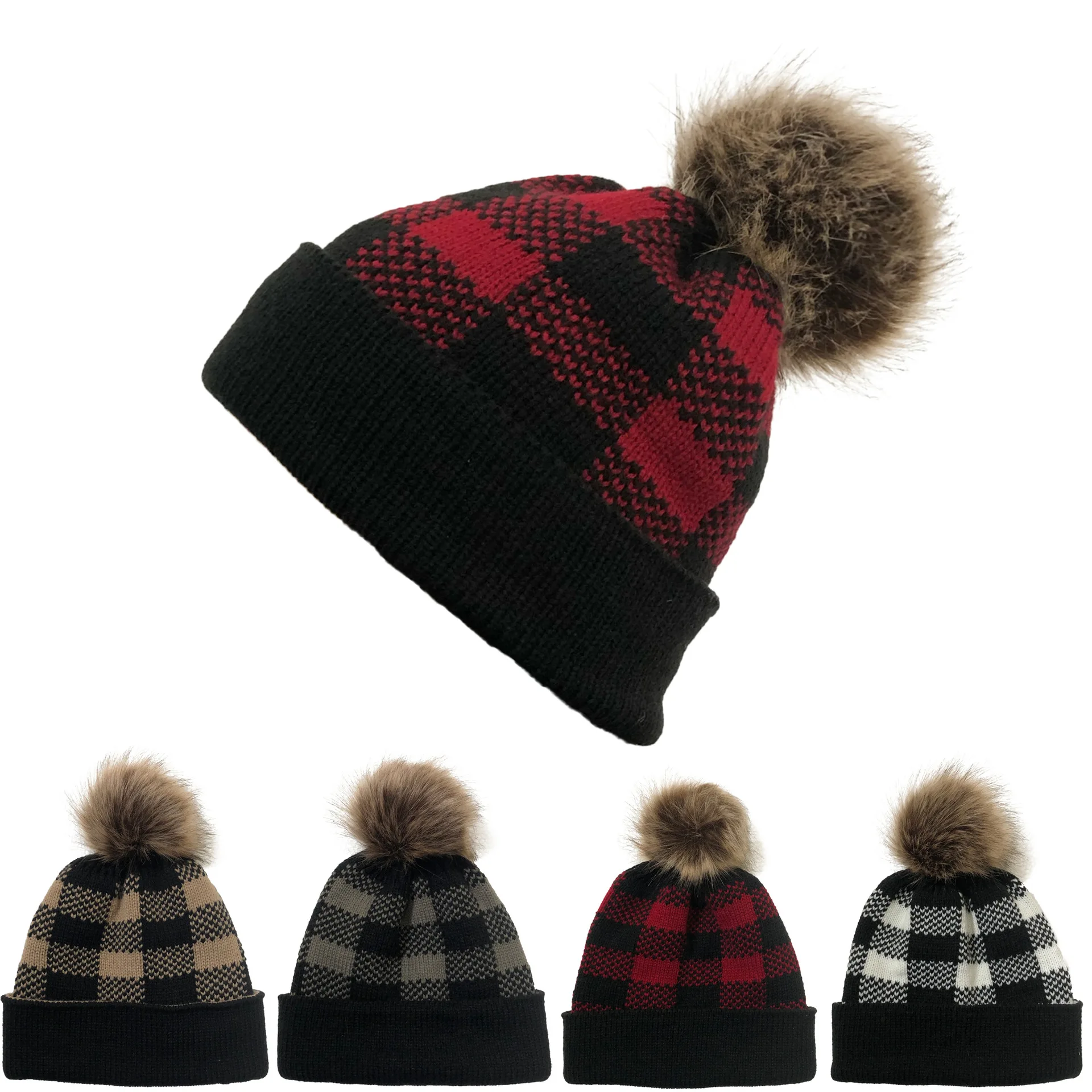 

Women's Checkered Knit Beanie Hat Christmas Themed Skull Cap with Toggle Closure - Outdoor Warm Knit Hat for Winter