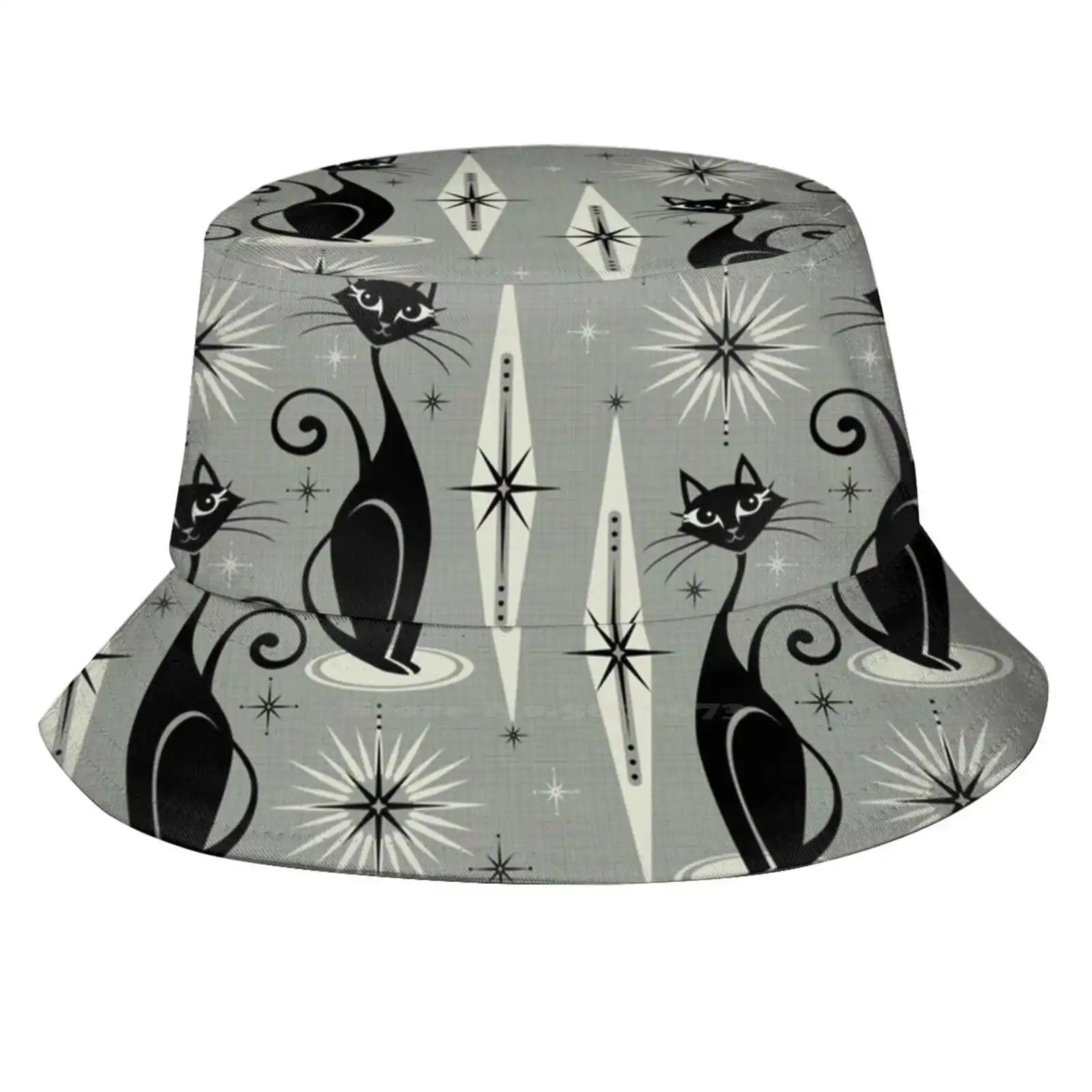 Mid Century Meow On Gray Uv Protection Foldable Bucket Hats Women Men Gray Stars 1950 S Mid Century Modern Atomic Cats Kitties