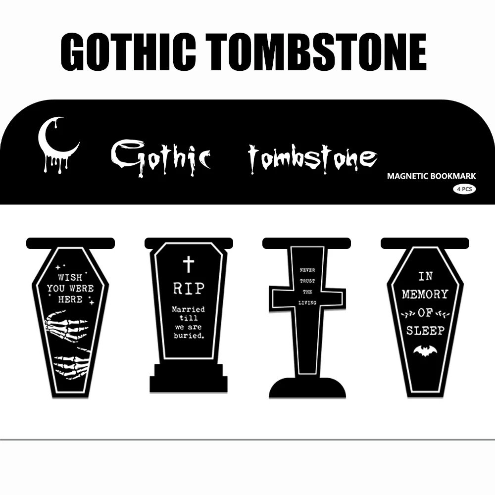 4PCS Creative Gothic Gothic tombstone Magnetic Bookmark Creative Reading Clip Cute Book Marks for Students Reading Supplies