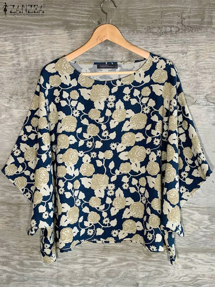 

ZANZEA Womens Summer Casual Floral Printed Blouses Loose O-Neck 3/4 Sleeve Blusas Mujer Fashion Day Wear Lightweight Tunic Tops