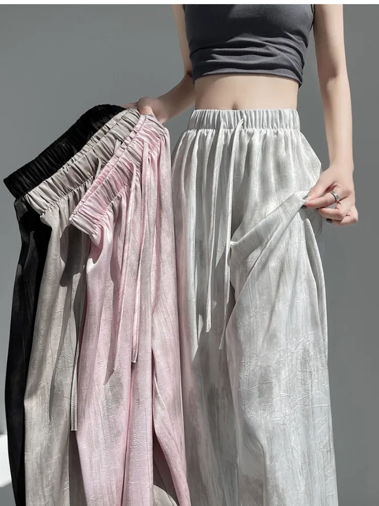 夏用アイスシルクワイドレッグパンツ レディース アセテートサテン染め ルーズカジュアルパンツ 小さいサイズ 日焼け防止パンツ ドラウォーキ...