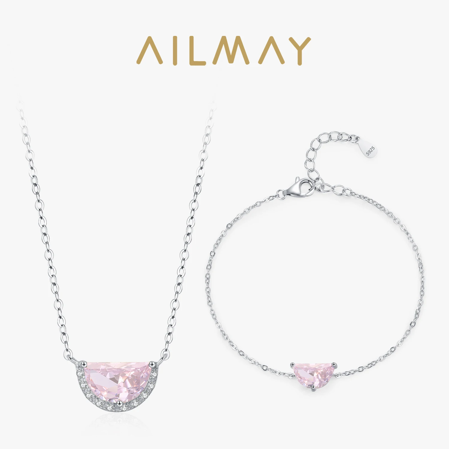 

Ailmay 925 Sterling Silver Pink Half-Moon Zircon Bracelet Necklace Set Fine Jewelry Elegant Ladies Jewelry For Party Wedding