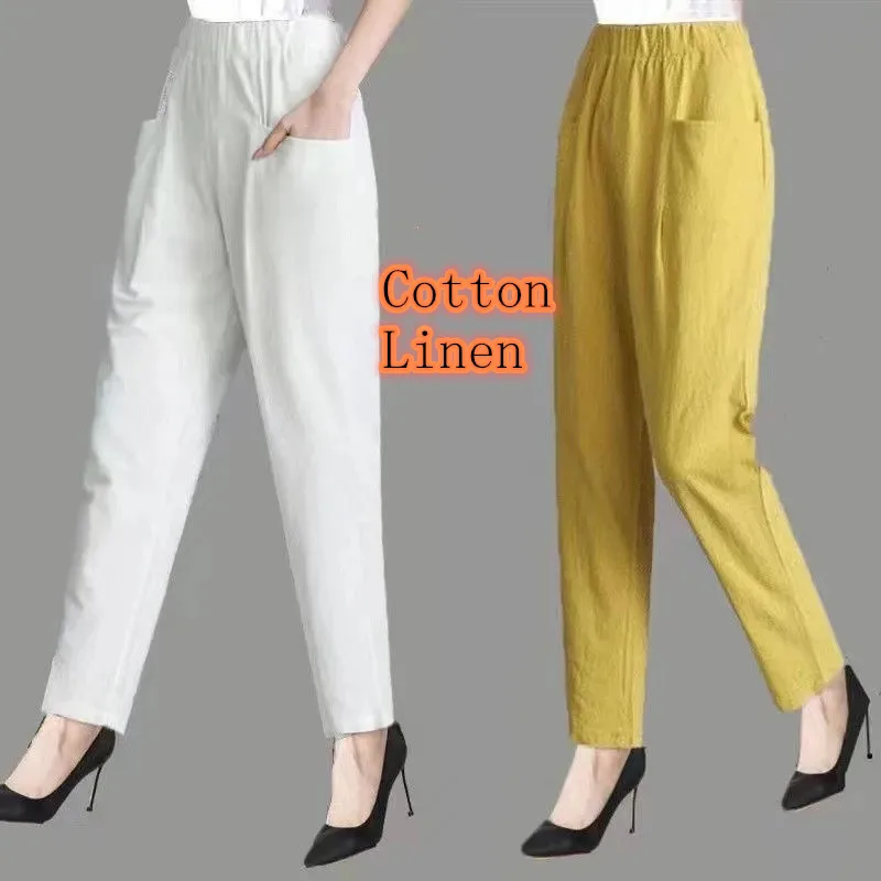 

Spring Summer Casual Cotton Linen Pants 2022 Women's Solid Color Harem Pants Elastic Waist Middle-aged Female Linen Trousers