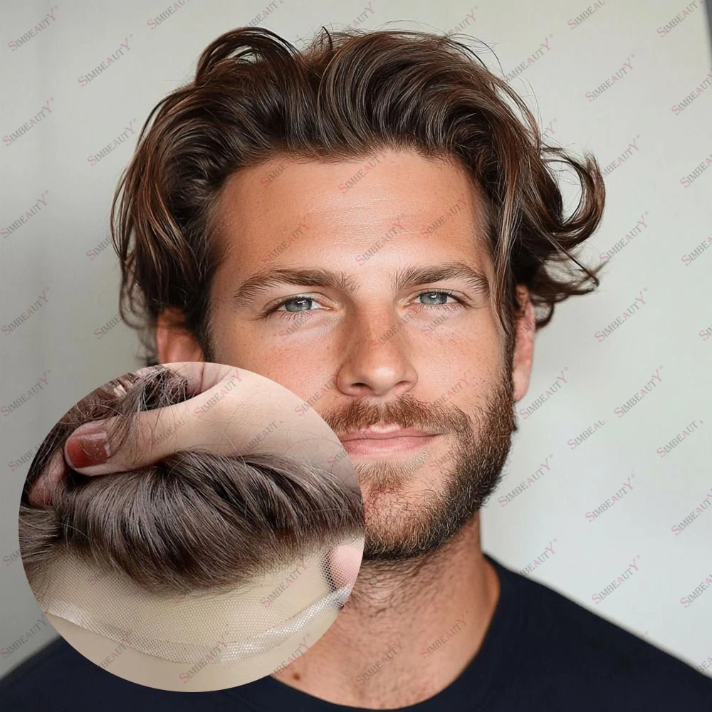 الرجال 30 مللي متر موجة طبيعية الذكور الشعر البشري الاصطناعية تنفس الدانتيل و بولي PU Q6 السويسري الدانتيل الجبهة الرجال الشعر المستعار 5 # 18 # أشقر بني فاتح #1