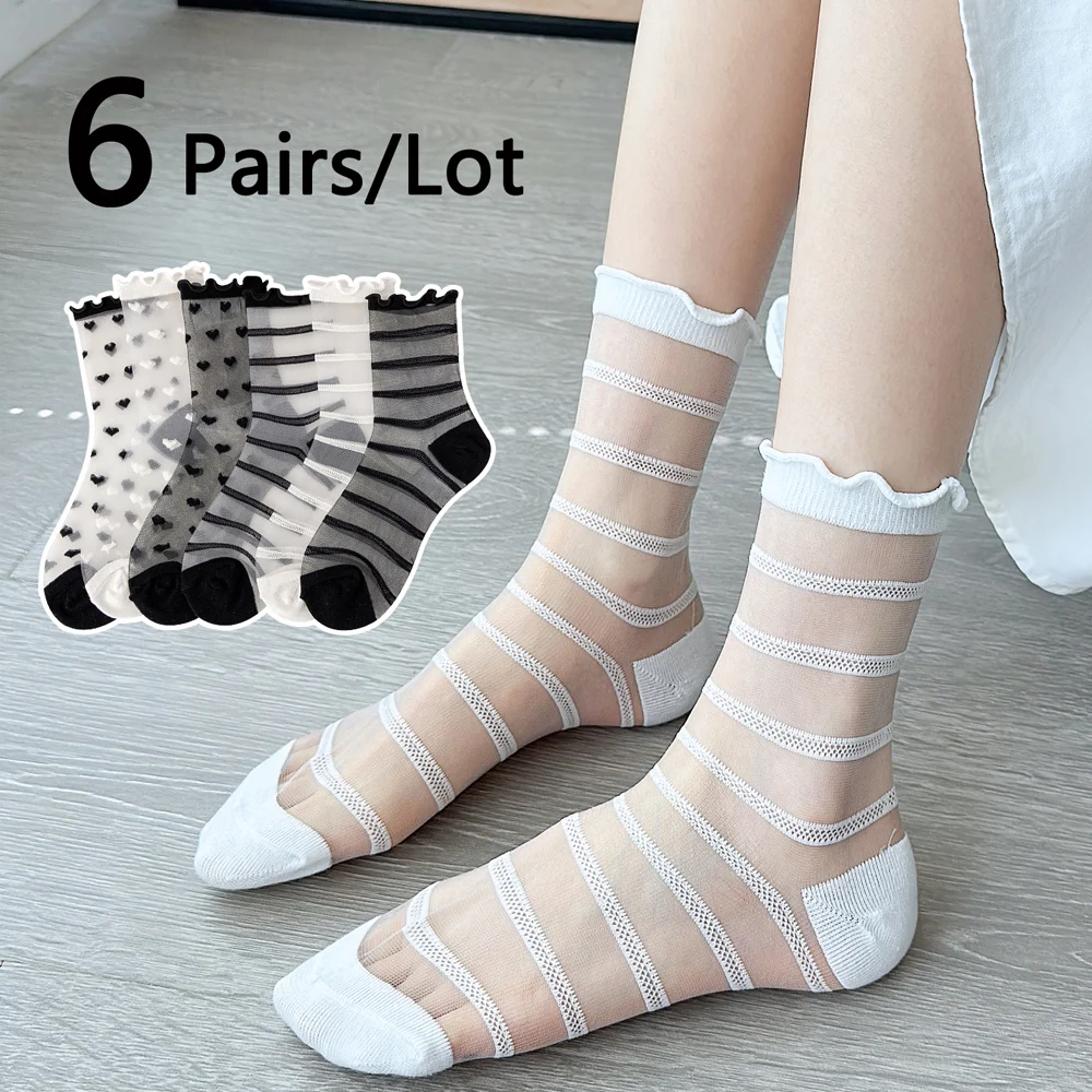 

6pairs French Lace Socks Women Sexy Ruffled Love Heart Pattern Transparent Sheer Mesh Sweet Glass Fiber Crystal Silk Stocking