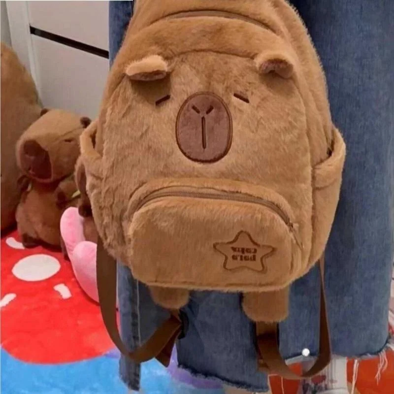 2025 New Capybara Plush Backpack Cartoon Style Women's Student Bag Soft Polyester  Vertical Square Shape No Waterproof