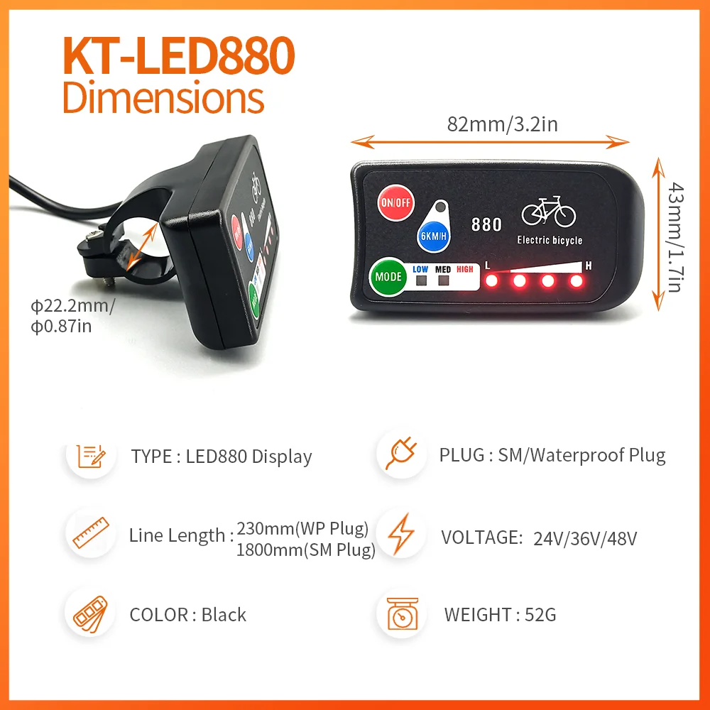 Ebike Display KT-LED880 36V/48V Electric Bike Intelligent Display for E-Bike Conversion Kit Accessories