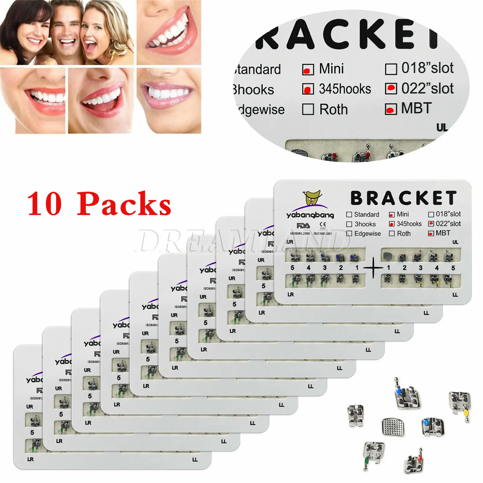 10Packs/200PCS Dental Orthodontic Brackets Braces Mini/Standard Roth/MBT022 Hooks 345