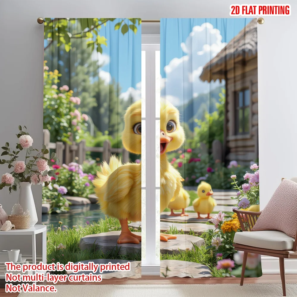 

2D flat printing 2pcs Scene Curtains Adorable Duckling Outdoors Digital Printed Polyester Drapes Holiday Decorations Use for