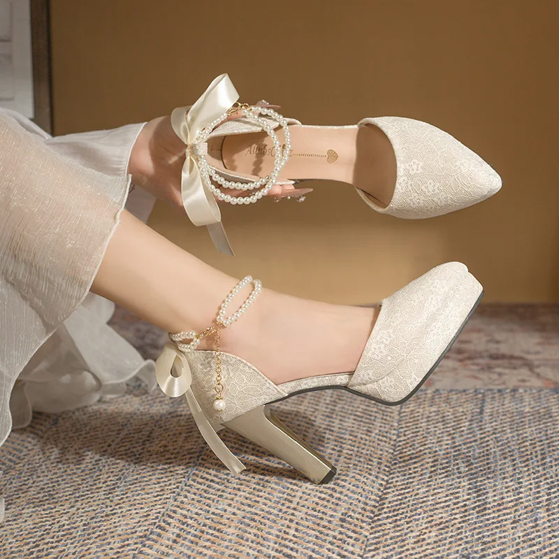 

Женская обувь 2025 года, новые женские туфли-лодочки на высоком каблуке с ремешком на щиколотке, женские модные свадебные туфли с пряжкой из бисера, Zapatos De Mujer