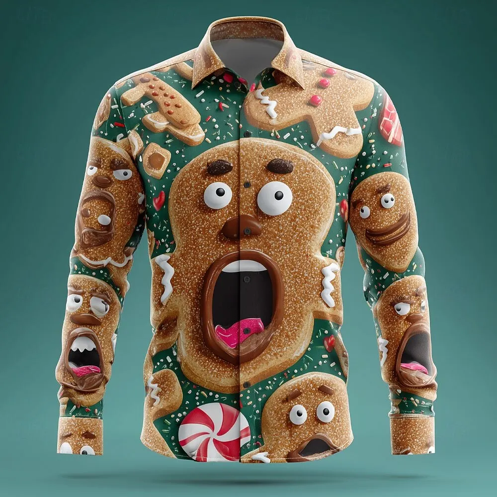 Men's Long Sleeve Shirt 2025 Christmas Men's 3D Cartoon Snowflake Funny Face Shirts Casaul Streetwear Comfort Slim Fit Shirt Men