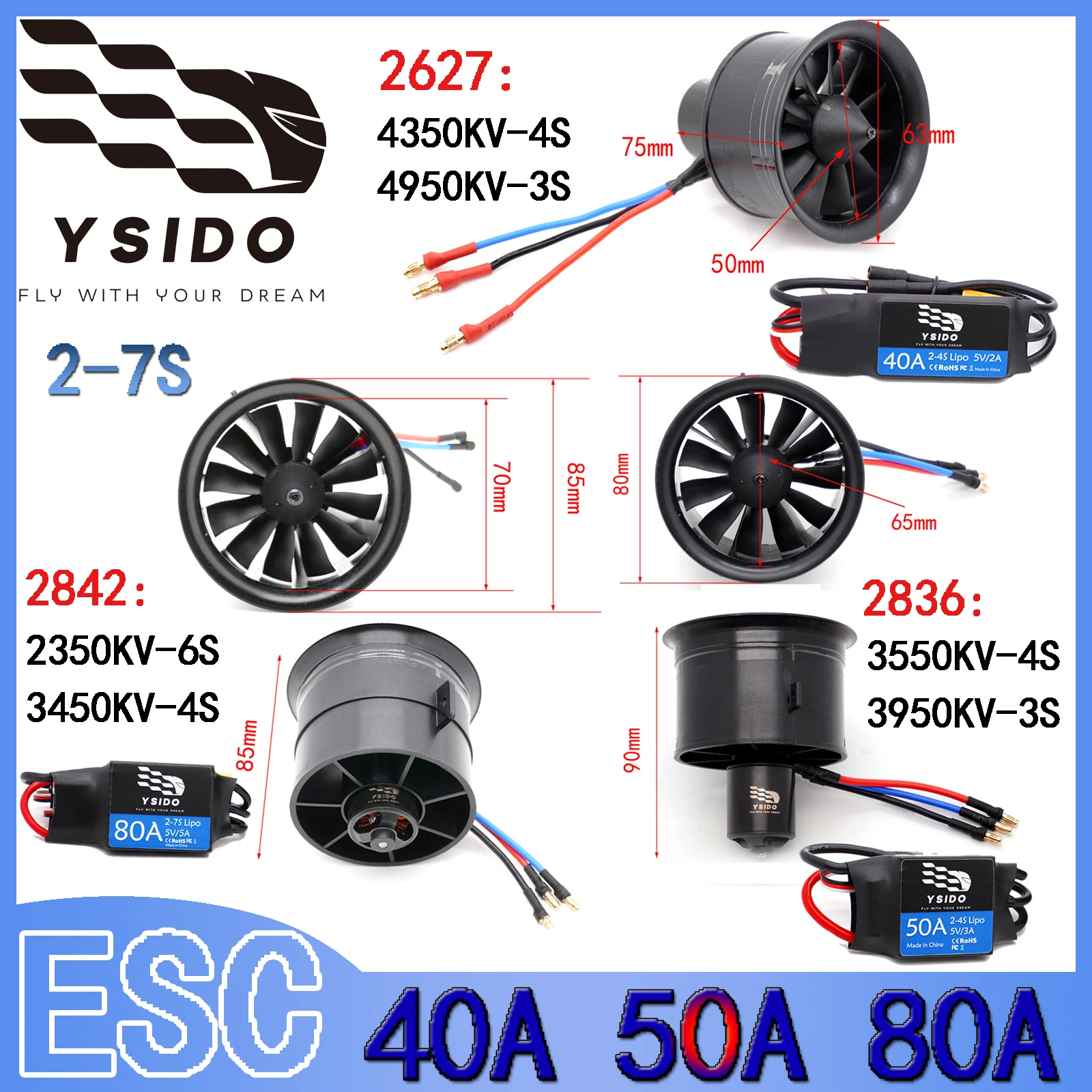 

YSIDO Бесщеточный 2627/2836/2842 Канальный вентилятор EDF 11 лопастей 80A 50A 40A с фиксированным крылом ESC 2-7S 5V/5A для RC JET Деталь модели самолета