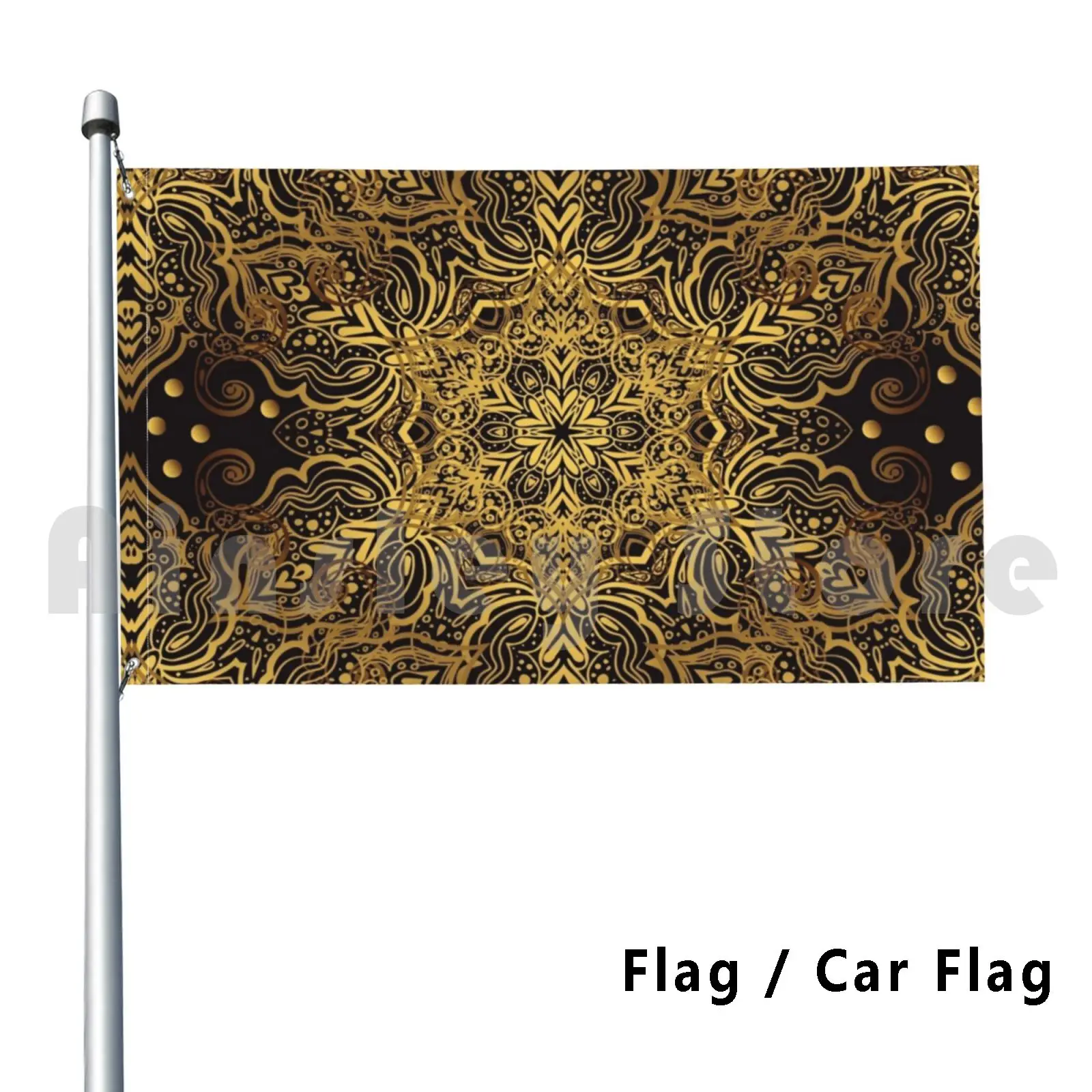 Luxe Ornate Golden Yellow & Black Zen Mandala Filigree Pattern Outdoor Decor Flag Car Flag Golden Yellow Black