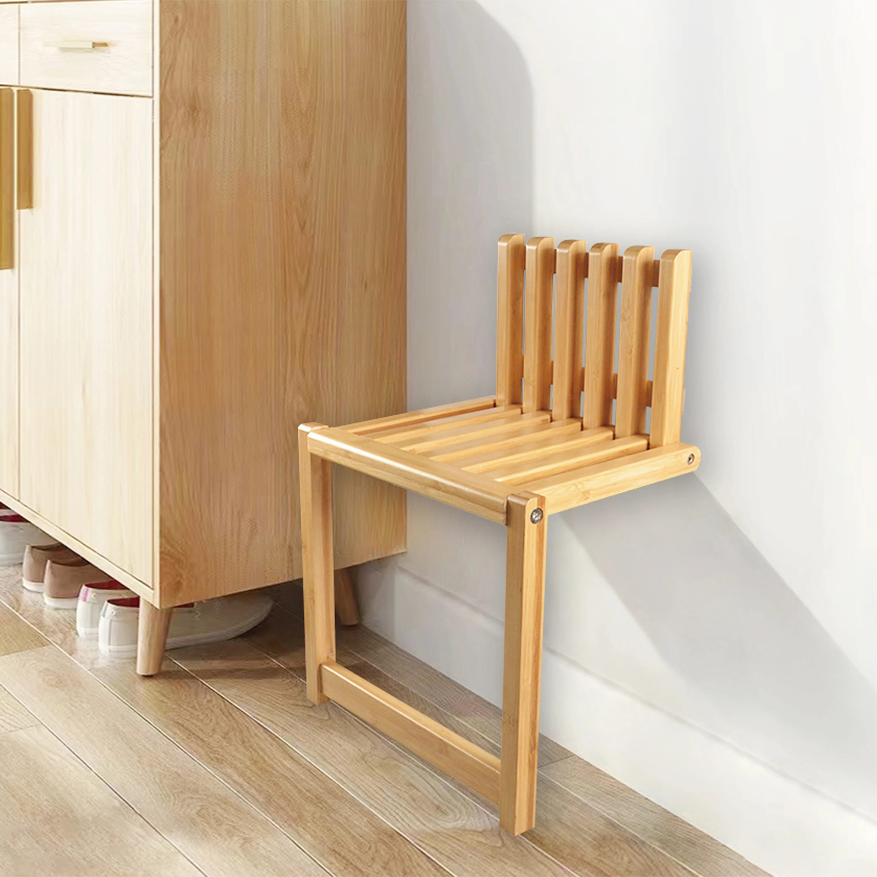 Wall Mounted Folding Chair Bamboo Porch Chair Door Shoe Cabinet Hidden Footstool Folding Bathroom Balcony Living Stool For House