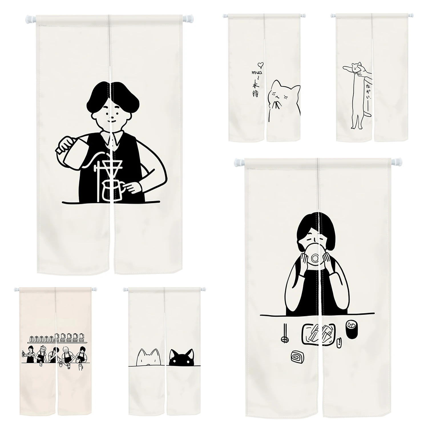 Coffee Milk Tea Shop Door Curtain Kitchen Partition Noren Short Curtain Black and White Cat Japanese Half Curtain Customizable