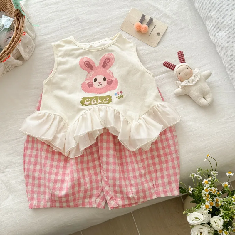 

Girls' Cool Summer Outfit New Children's Bunny Top and Lantern Pants Two-Piece Set for Toddlers and Kids