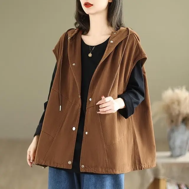 

plus Size Casual Workwear Vest Women Loose Hooded ort Jaet Trendy Open Cardigan Top Tee-acetate Fiber 00% Spring 2025