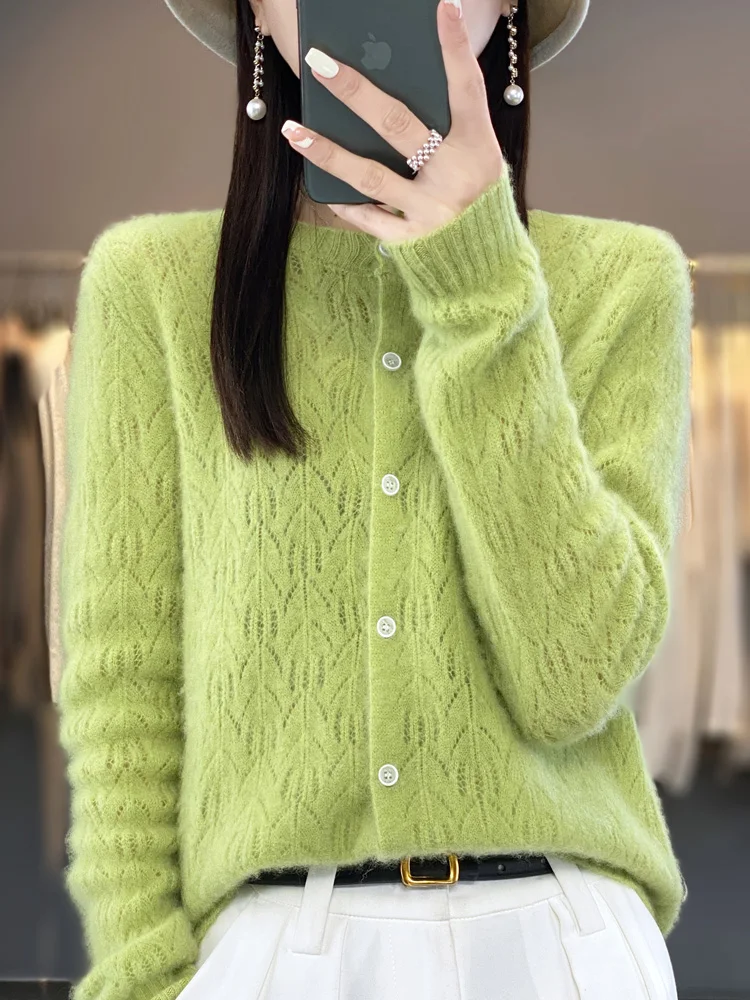 Spring Autumn O-neck Leaves Solid Color Hollow Out Single-Breasted Cardigan 100% Merino Wool Women\' Sweater Long Sleeve Tops