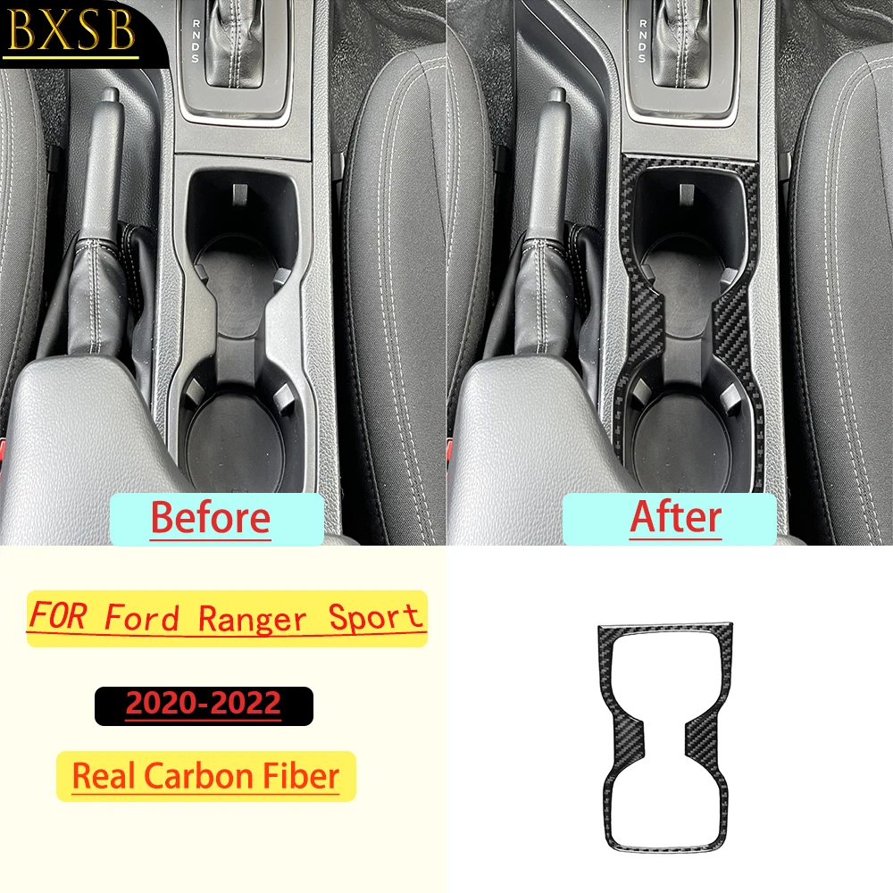 For Ford Ranger Sport 2020-2022 Car Center Console Cup Holder Cover Frame Trim Real Carbon Fiber Interior Accessories Stickers