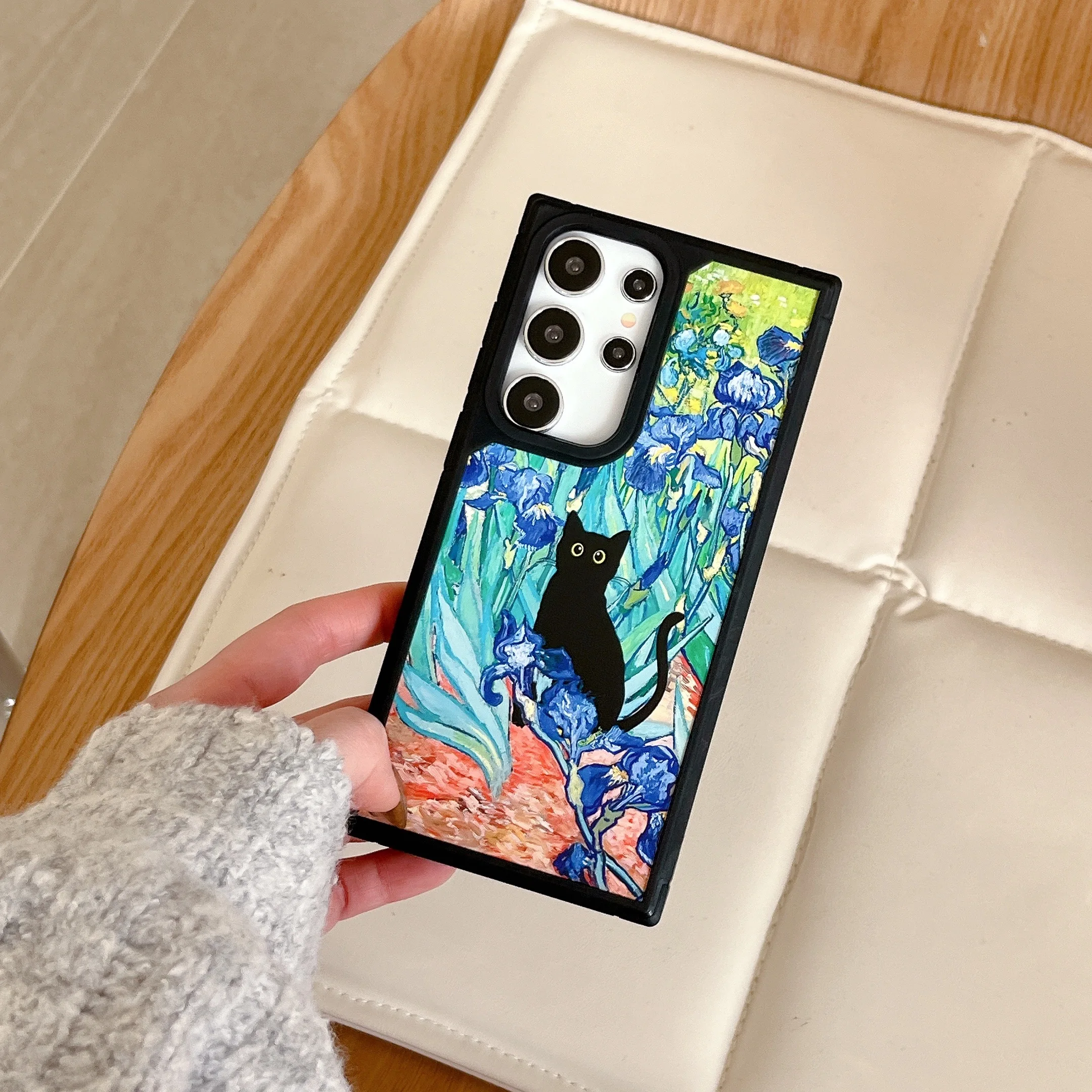 Retro Oil Painting Van-Gogh Flower Art Cat Phone Case for Samsung Galaxy S24 S23 Ultra S22 Plus S21 S20 FE 5G Clear Cover Fundas