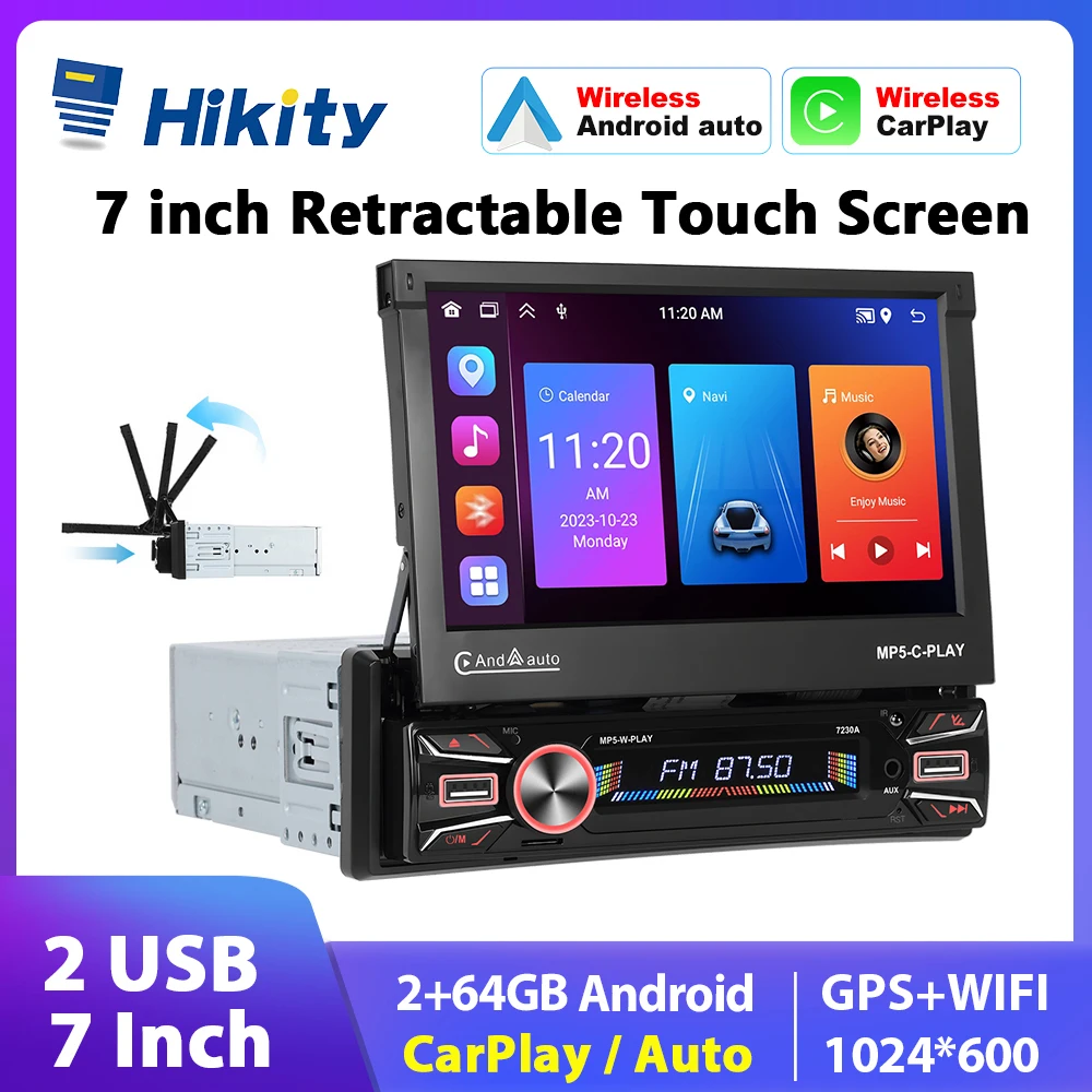 Hikity 7'' Car Stereo Radio Player HD Retractable Touch Screen Universal Car Multimedia Player 1din Carplay Android Auto GPS RDS