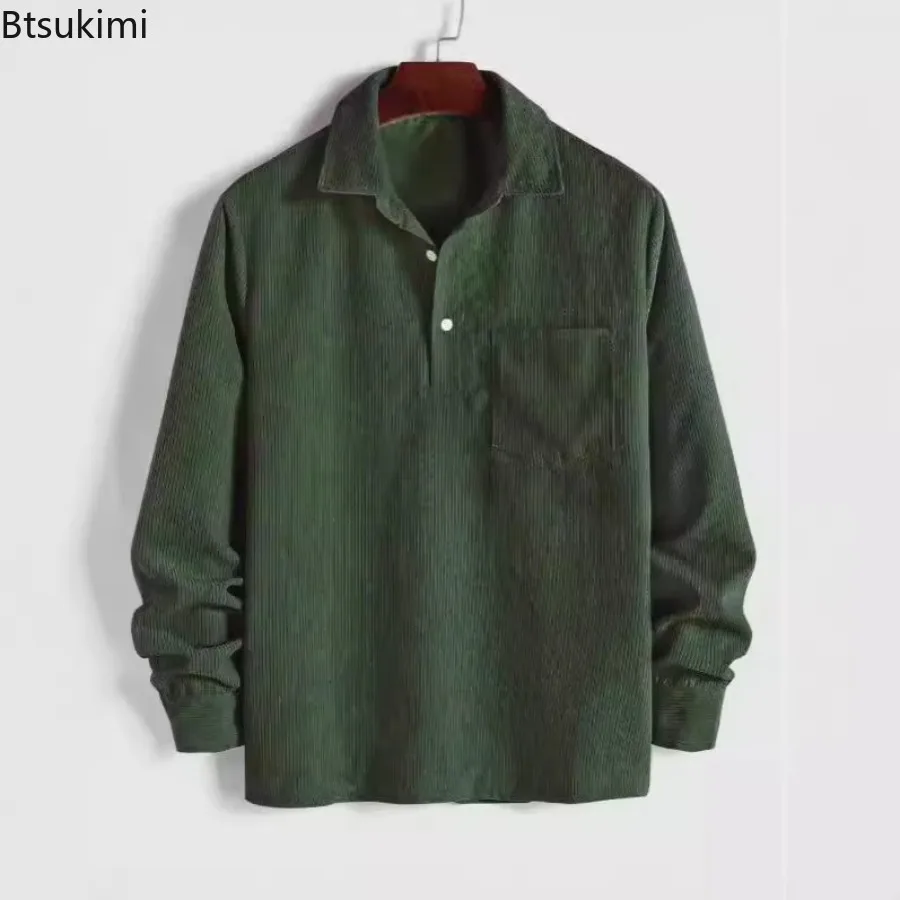

Мужская вельветовая повседневная рубашка с длинным рукавом, воротник на пуговицах, однотонные топы, карманные весенне-осенние рубашки, пуловер для мужчин