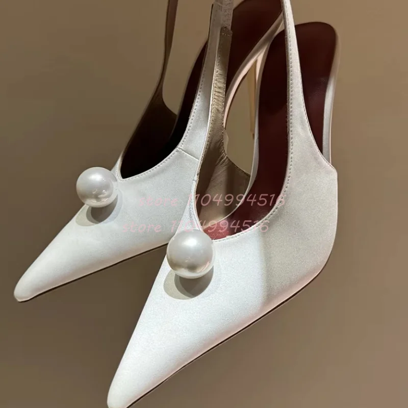 White Satin Pearls Pointed Toe Stiletto Sandals Women Black Back Strap Slingback High Heels Luxury Party Wedding Ladies Shoes