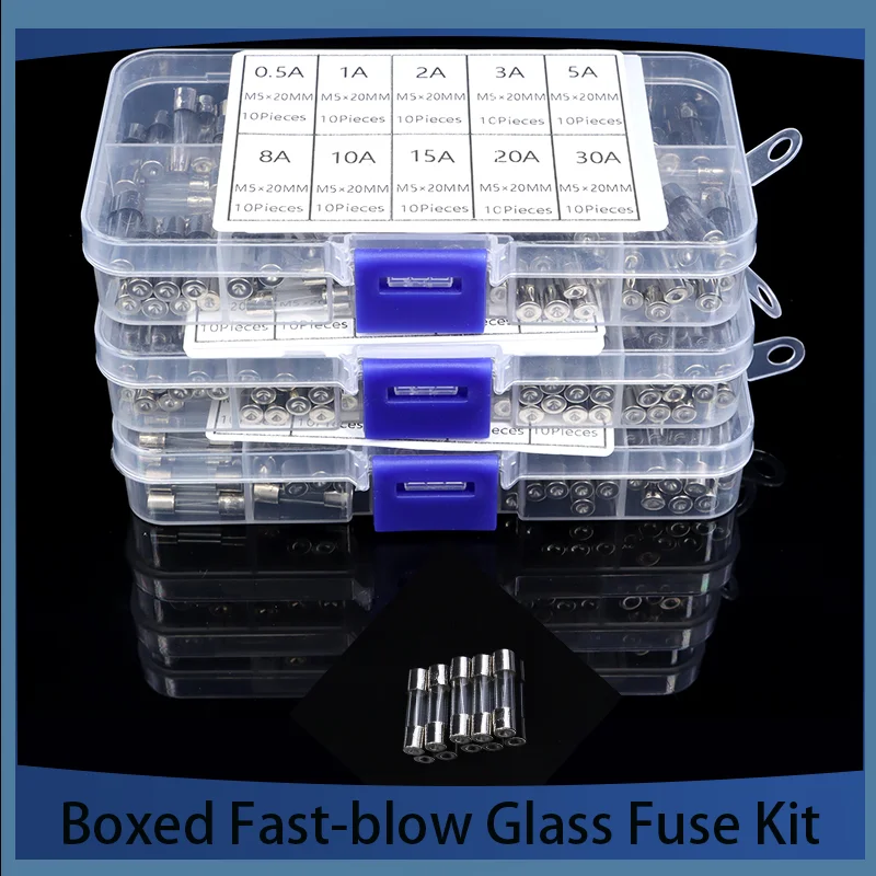 

250V 0.2A 0.5A 1A 2A 3A 5A 8A 10A 15A 20A 30A 5x20mm Boxed Fast-blow Glass Fuse Household Assorted Car Glass Tube Fuses Kit