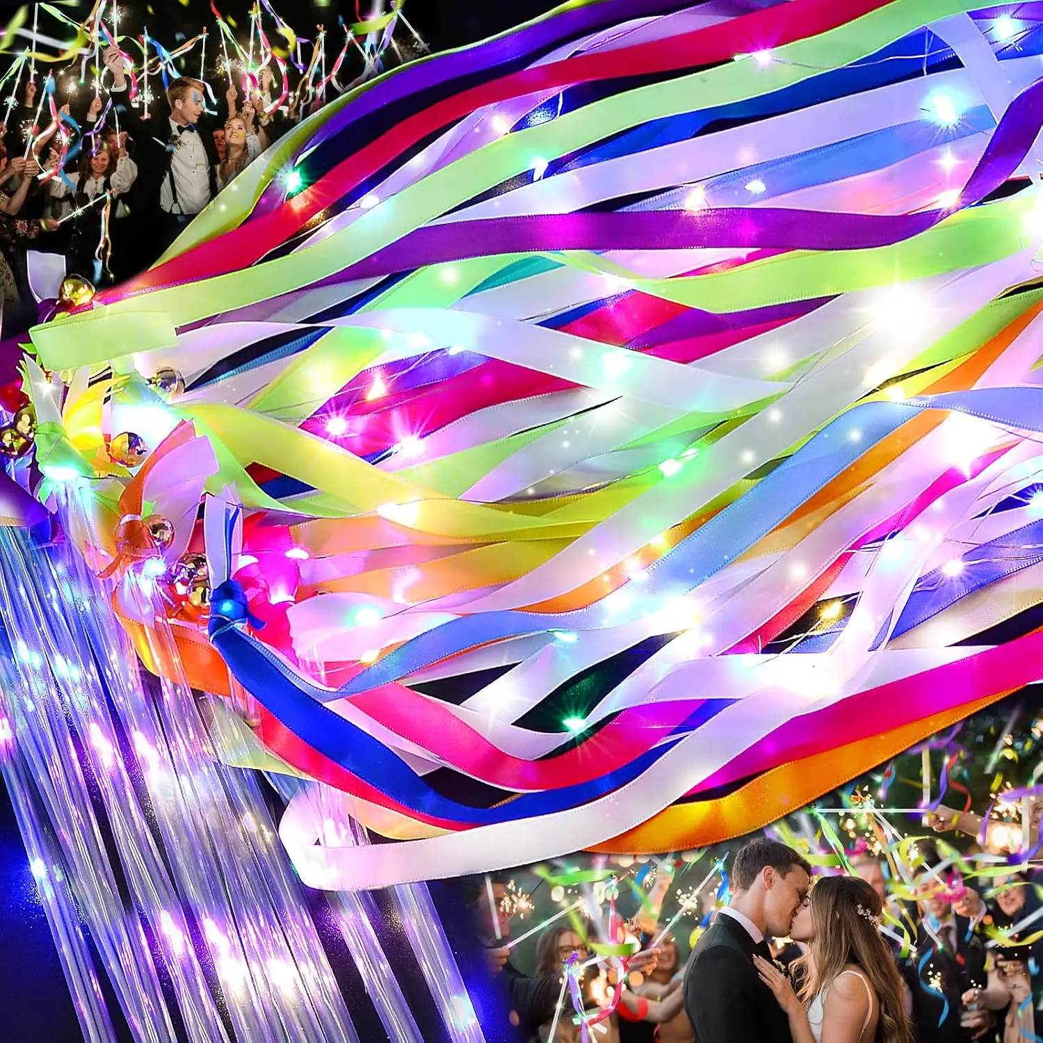 

20-100Pcs Light up Wedding Wands LED Ribbon Wands Sparklers with Bells Wedding Exit Send Off Dance Floor Props Wedding Favors