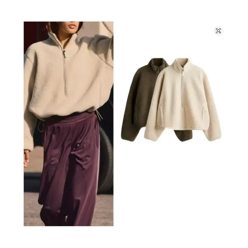 

Ladies' Teddy Velvet Sports Top Autumn Casual Loose Half high collar Zipper Decorative Invisible Drawstring Long SleevesTop