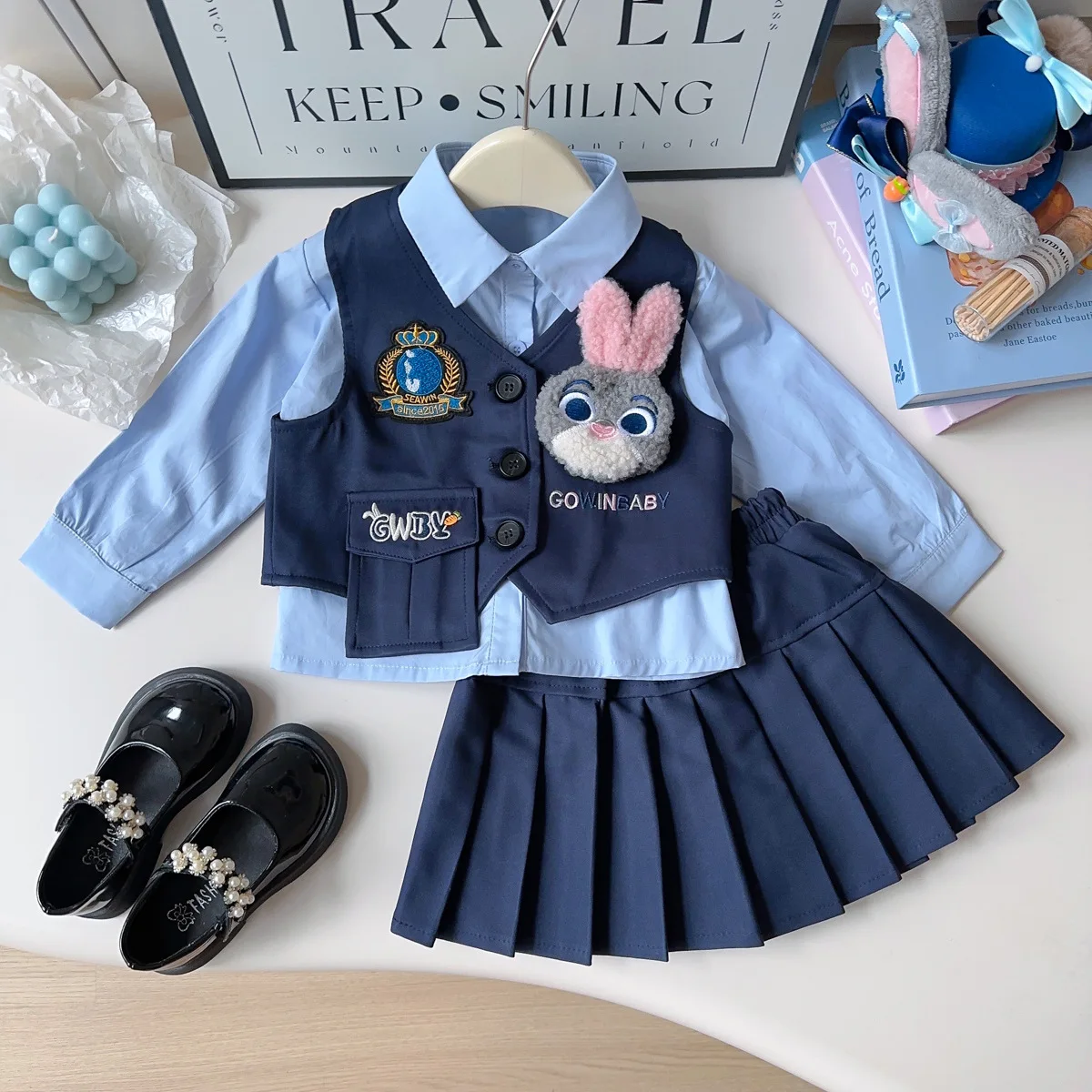 

Girl Rabbit Judy Police Officer Set Spring Autumn New Baby Girls Vest Long Sleeve Shirt Ruffle Skirt Children's 3-Piece Set