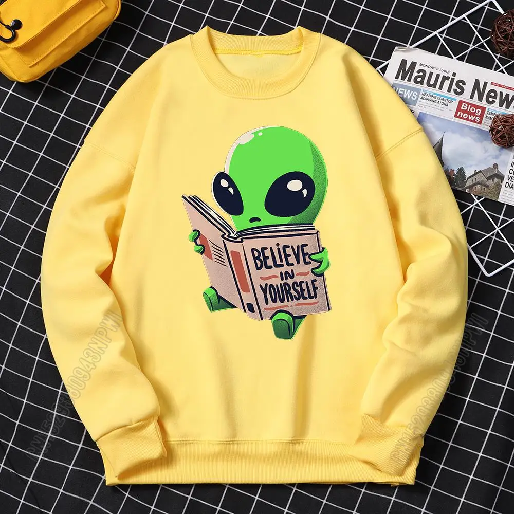 Green Alien Prints Believe In Yourself Man Hip Hop O-Neck Menswear Fashion Fitness Crewneck Loose Sweatshirt