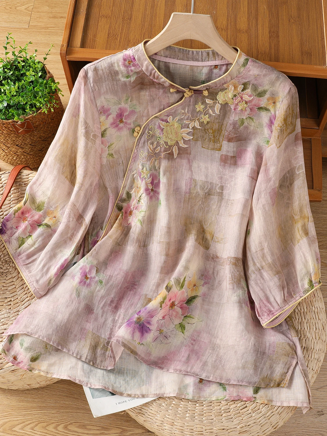 Sottile cotone e lino irt da donna di grandi dimensioni Five Sve stampato colletto alla coreana costume da tè bottone superiore artistico casual estivo