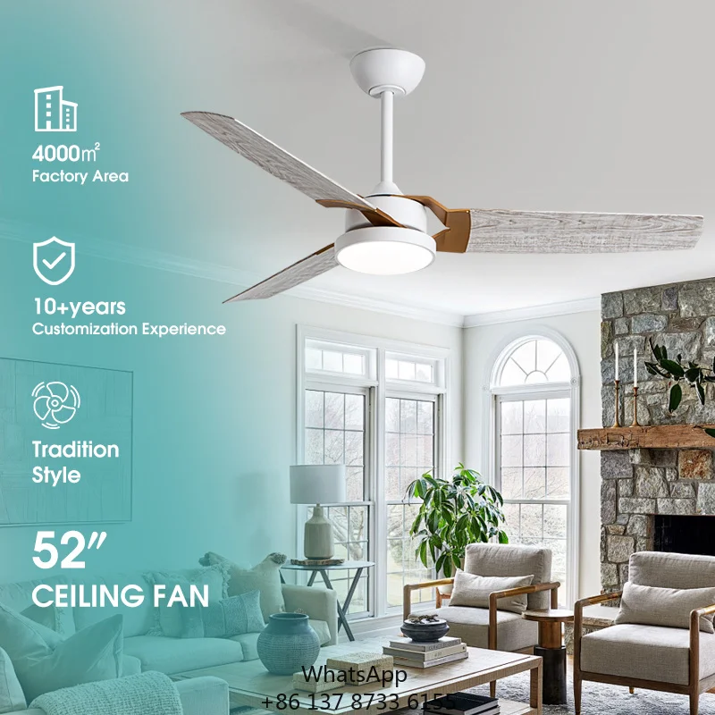 Model 7034 DC 3 Blade 52 Inch Remote Control Light Weight AC/DC Electric Ceiling Fan Light Household Energy Efficient Class